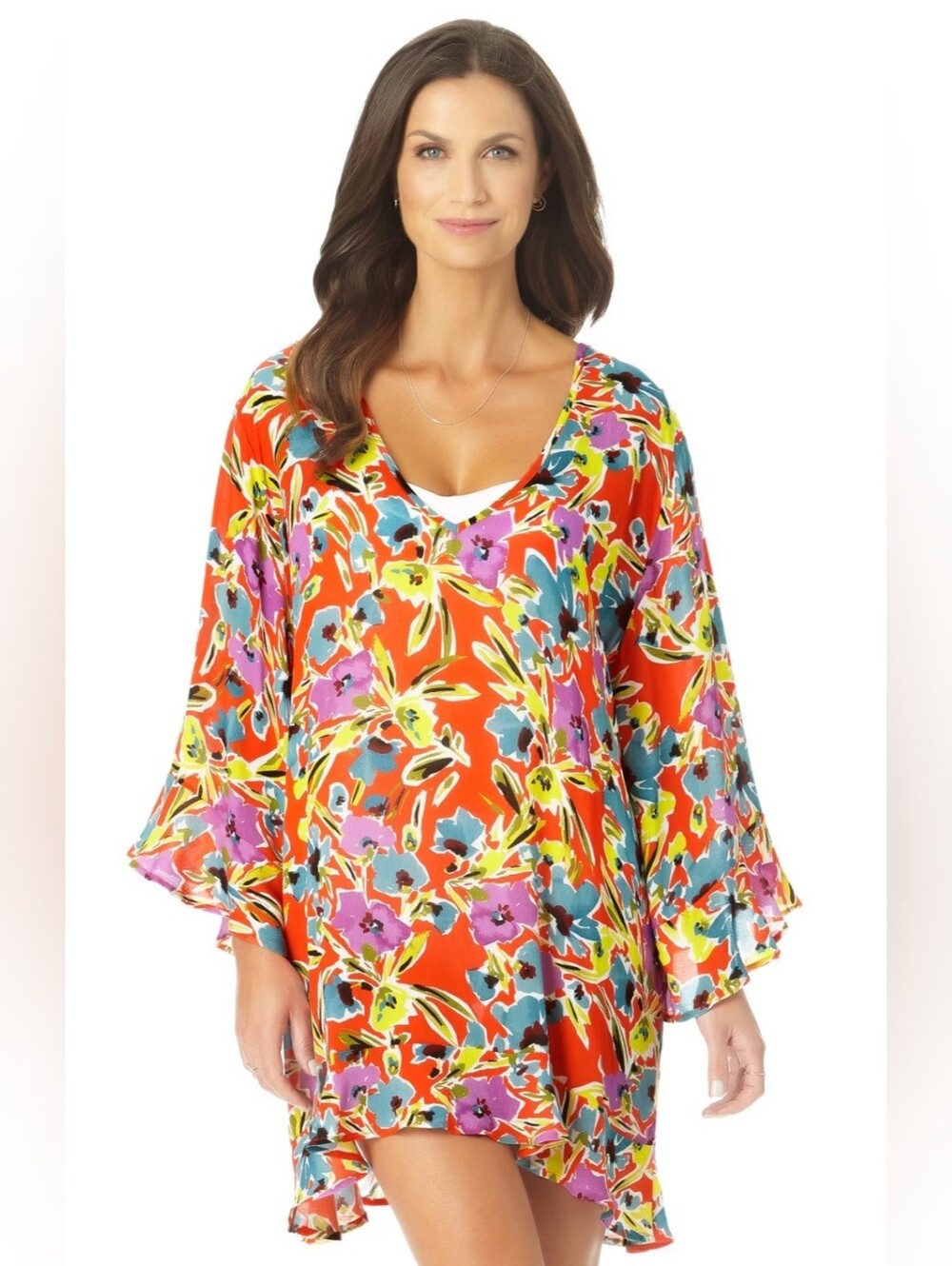 Anne Cole Flounce Tunic Swim Cover-up - Abstract Floral - Tropical - Size L/XL